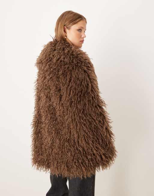 Brave Soul longline Mongolian faux fur jacket in chocolate brown, 3 of 4