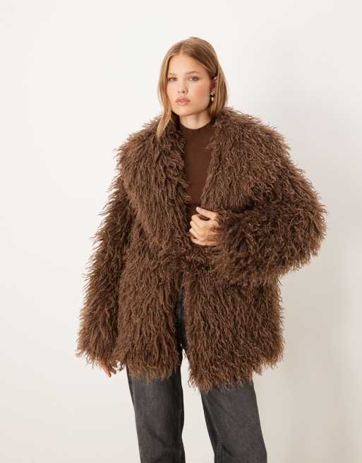 Brave Soul longline Mongolian faux fur jacket in chocolate brown, 4 of 4
