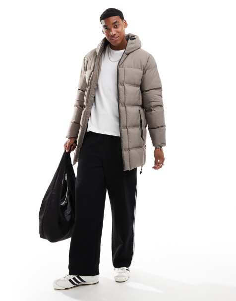 Brave Soul longline padded puffer jacket with hood and quilt detail in taupe - view 1