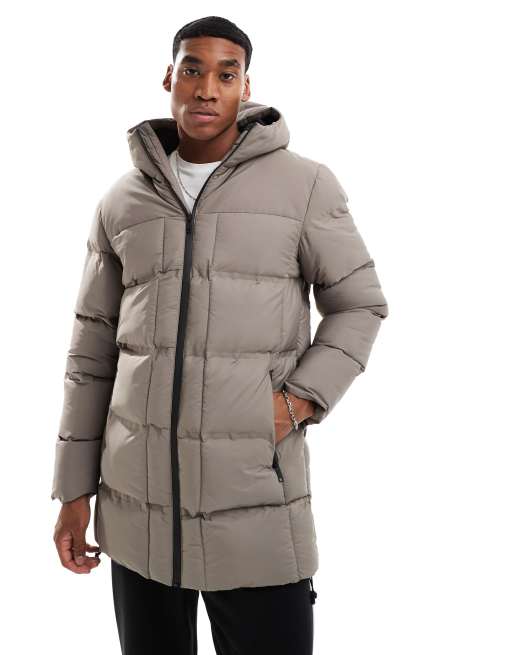 Brave Soul longline padded puffer jacket with hood and quilt detail in taupe ASOS