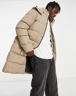 Brave Soul longline puffer coat with detachable hood in stone