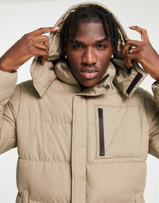 Brave Soul longline puffer coat with detachable hood in stone, 3 of 4