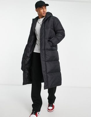 Brave Soul longline puffer coat with hood in black