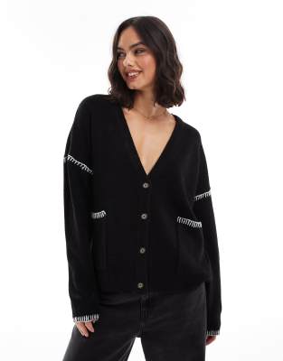 Brave Soul - Longline-Strickjacke in Schwarz mit Kontrastnaht