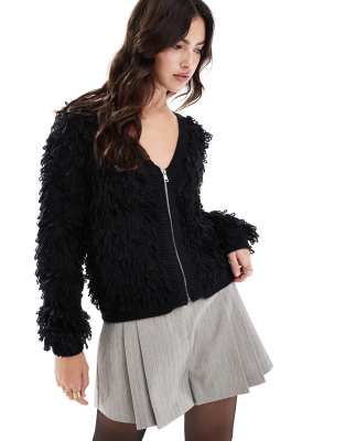 Brave Soul loopy knit zip through cardigan in black