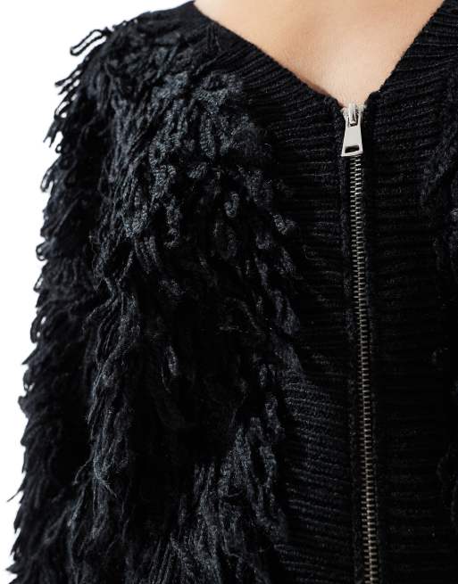 Brave Soul loopy knit zip through cardigan in black ASOS