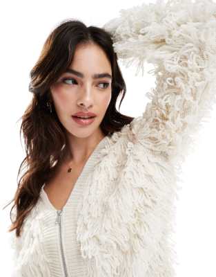 Brave Soul loopy knit zip through cardigan in cream-White