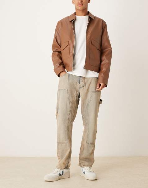 Brave Soul Loose fit carpenter style denim jeans in light sand - view 1