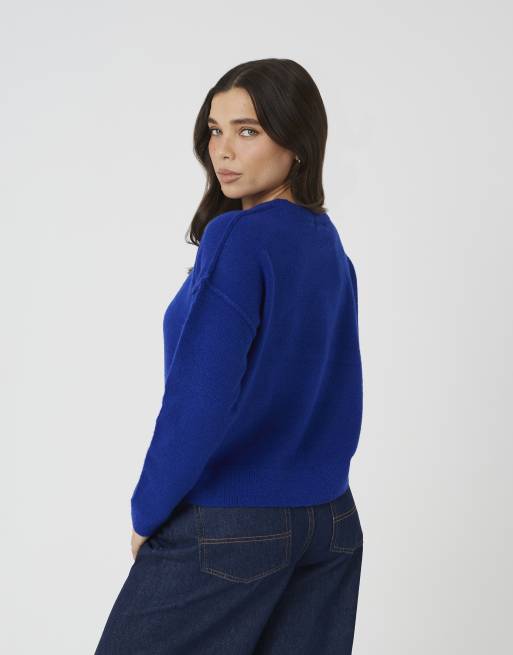 Brave Soul Loose fit exposed seam jumper in cobalt, 2 of 4