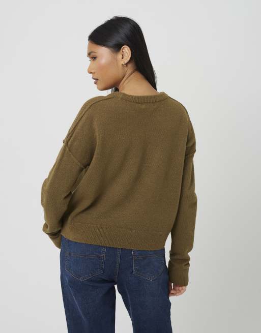 Brave Soul Loose fit exposed seam jumper in khaki, 2 of 4