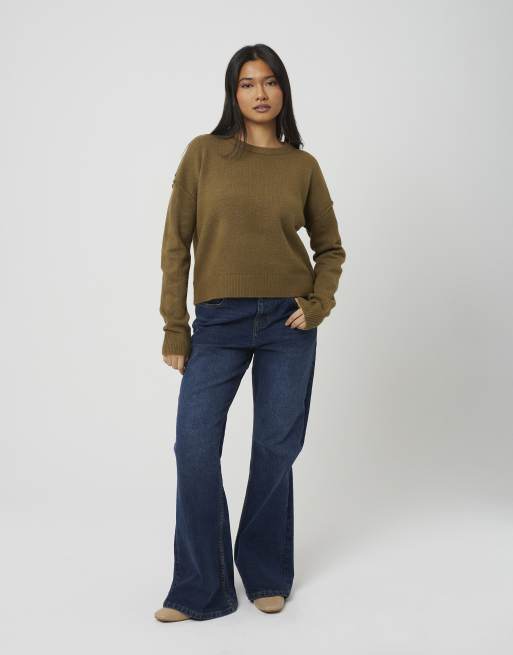 Brave Soul Loose fit exposed seam jumper in khaki, 3 of 4