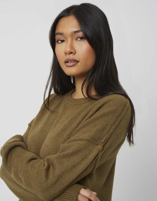 Brave Soul Loose fit exposed seam jumper in khaki, 4 of 4