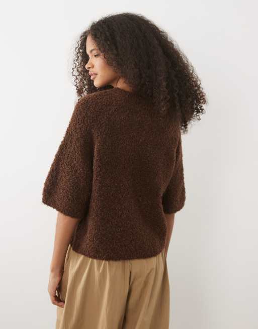 Brave Soul loose fit knitted t-shirt in chocolate brown, 3 of 4