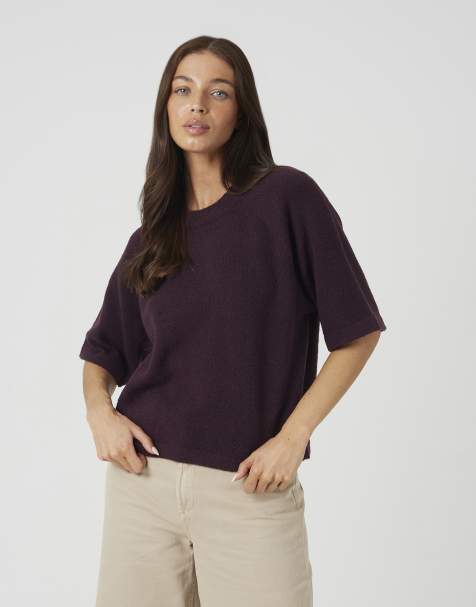 Brave Soul Loose fit knitted t-shirt in plum - view 1