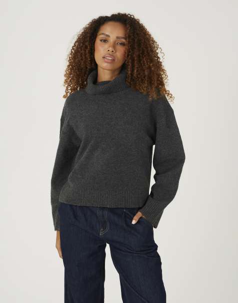 Brave Soul Loose fit roll neck knitted jumper in charcoal - view 1