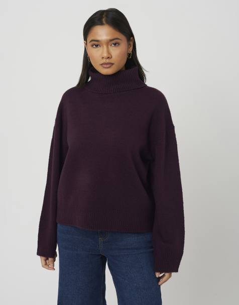 Brave Soul Loose fit roll neck knitted jumper in plum - view 1