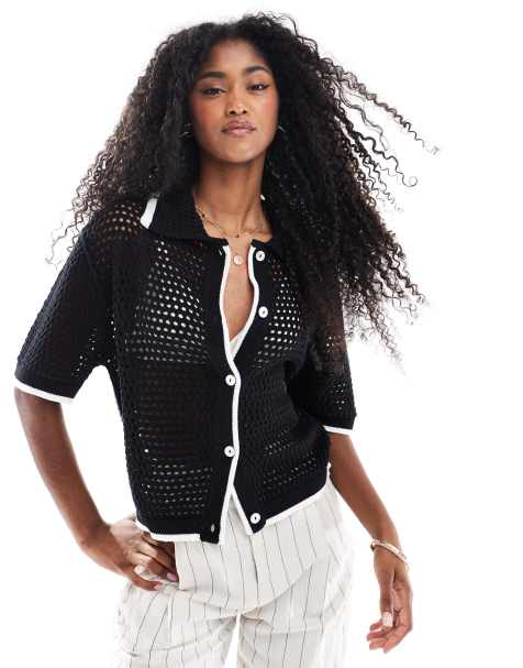 Brave Soul Loose knit collared blouse in black - view 1