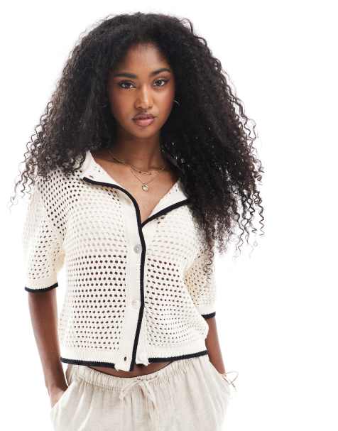 Brave Soul Loose knit collared blouse in cream - view 1