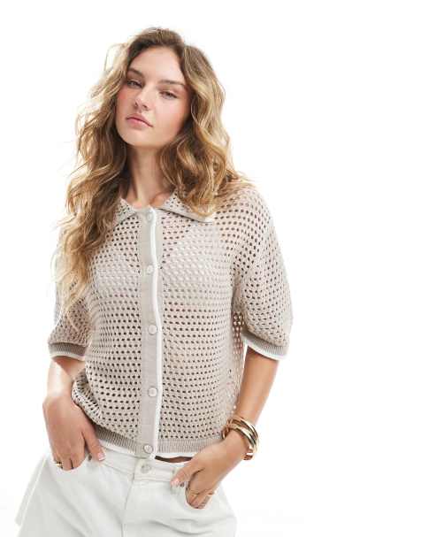 Brave Soul Loose knit collared blouse in stone - view 1