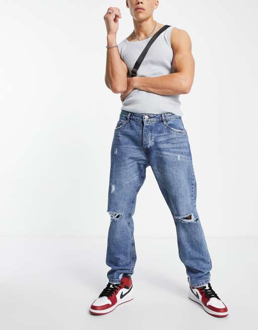 Brave Soul - Losvallende jeans met scheuren in middenblauw
