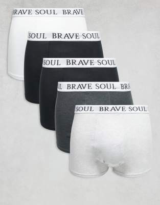 Brave Soul - Lot de 5 caleçons avec taille à logo - Noir, gris et blanc-Multicolore