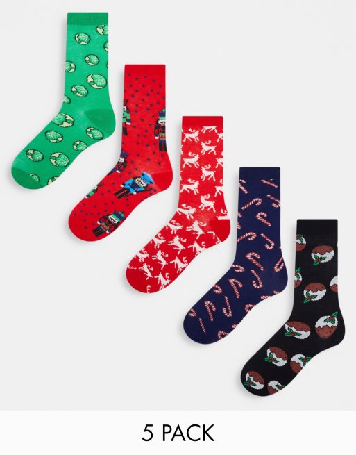 Brave Soul - Lot de 5 paires de chaussettes de Noël à motif choux de Bruxelles - Vert/rouge