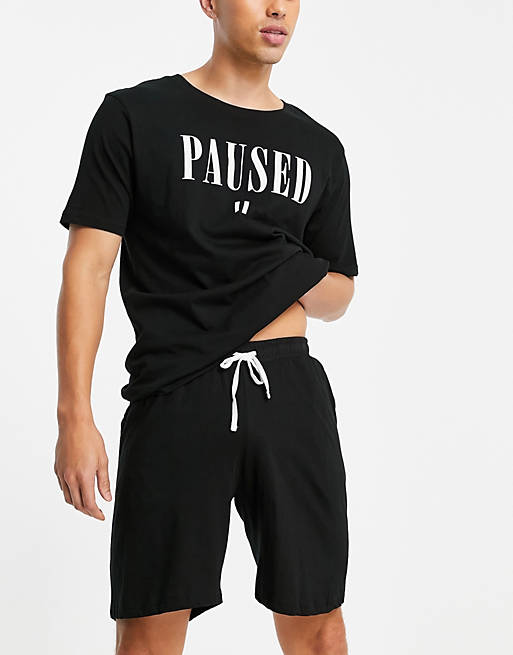 Brave Soul loungewear shorts set with logo in black