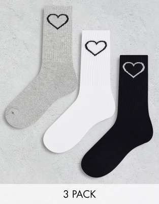 Brave Soul love 3 pack crew socks in black white grey