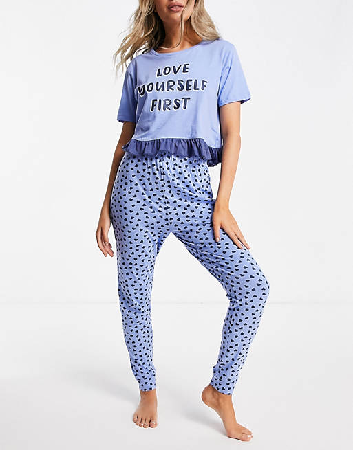 Brave Soul love frill top pyjama set in blue and navy