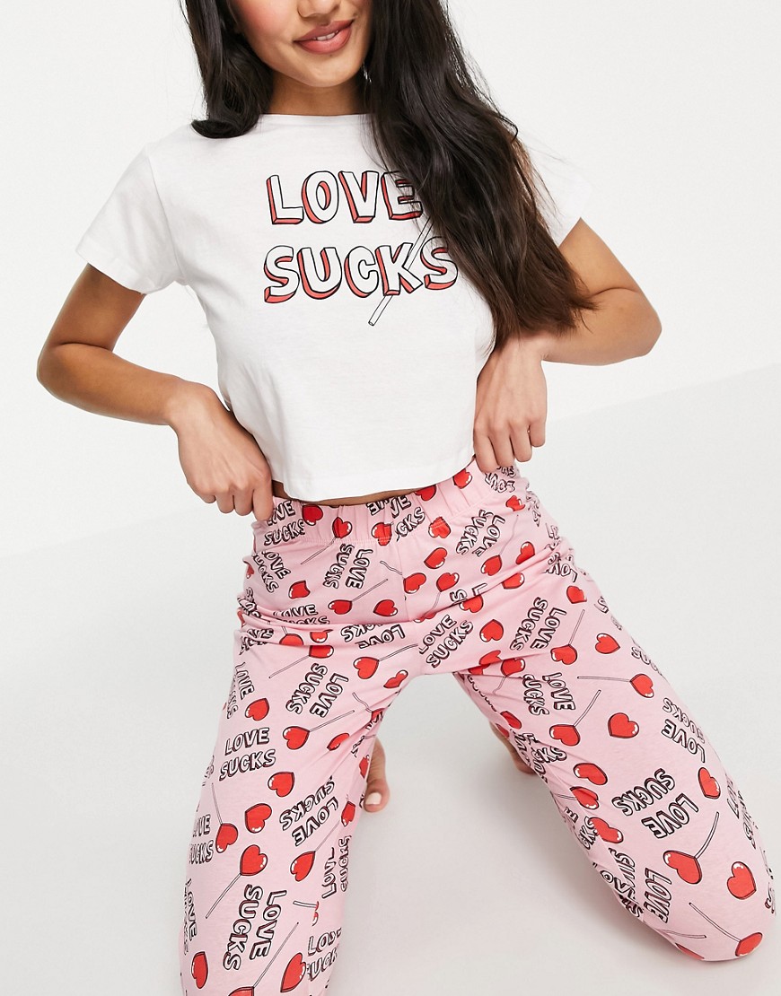 Brave Soul love sucks long pajama set in white and candy pink