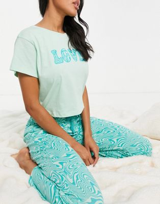 Brave Soul love wide leg trouser pyjama set in mint blue swirl print