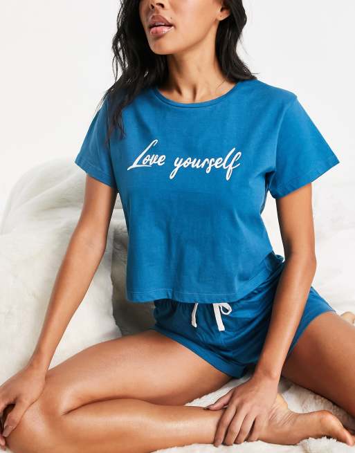 Brave Soul love yourself shorts pajama set in turquoise | ASOS