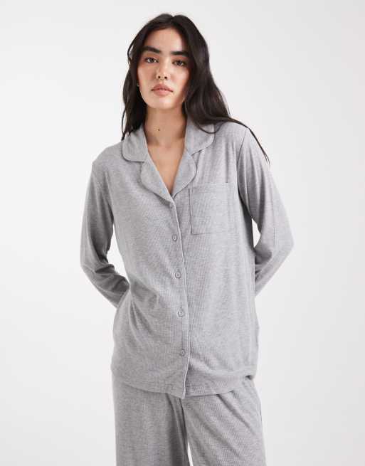 Brave Soul - Lysegrå superblødt pyjamassæt med skjorte med knapper og bukser, 2 af 4