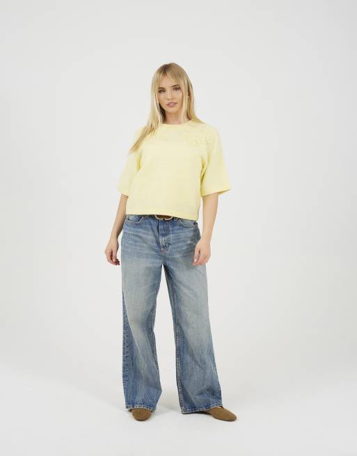 Brave Soul - Maglione a maniche corte giallo con ricamo floreale, 2 di 4