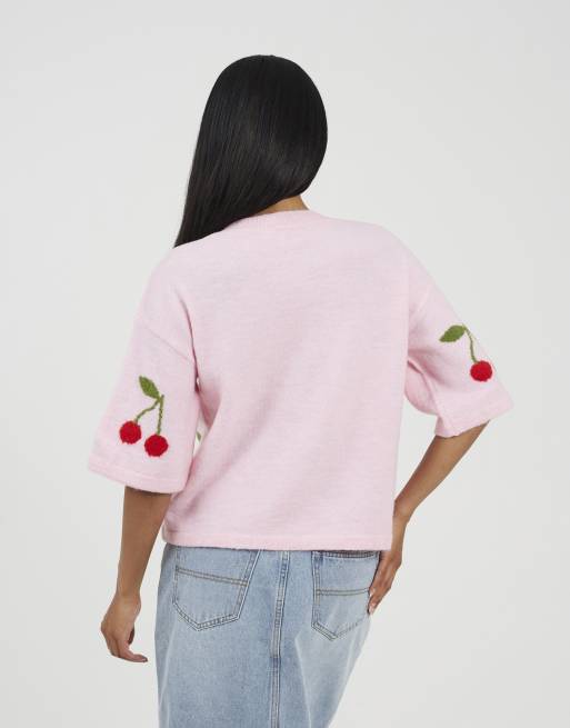 Brave Soul - Maglione a maniche corte in jacquard rosa con ciliegie, 2 di 4