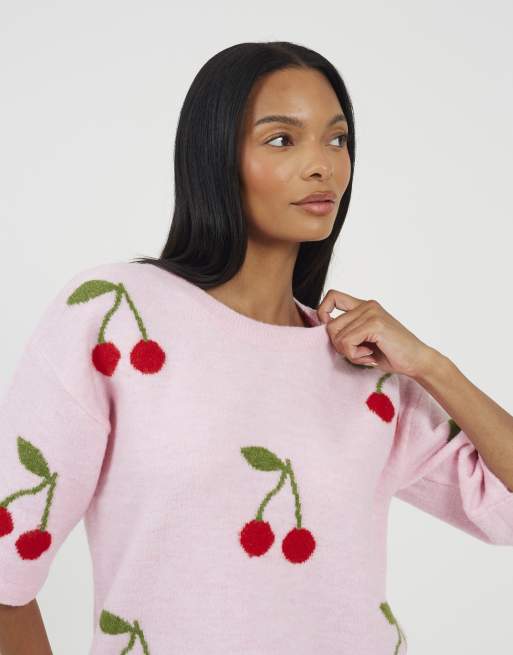 Brave Soul - Maglione a maniche corte in jacquard rosa con ciliegie, 4 di 4