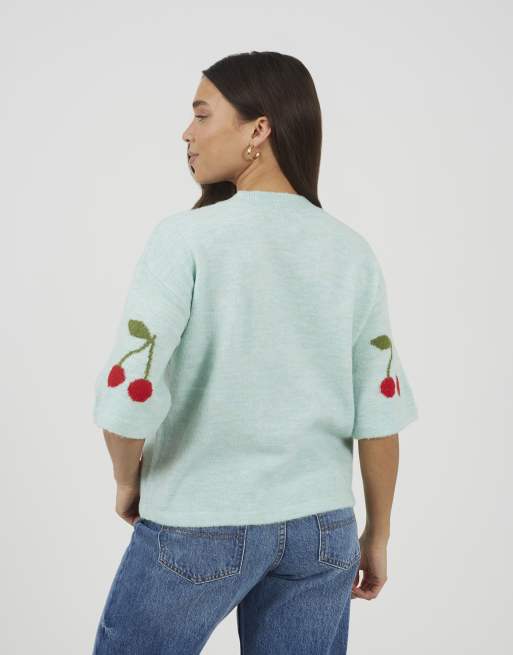 Brave Soul - Maglione a maniche corte in jacquard verde menta con ciliegie, 3 di 4