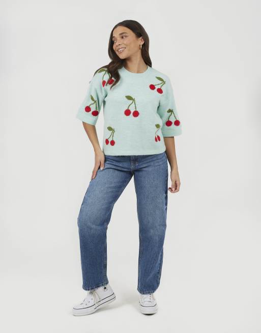 Brave Soul - Maglione a maniche corte in jacquard verde menta con ciliegie, 4 di 4