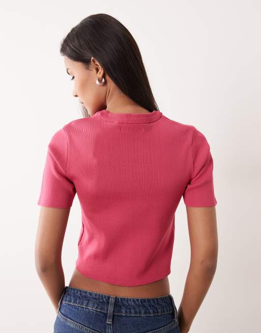 Brave Soul - Maglione a maniche corte in maglia compatta rosa, 4 di 4