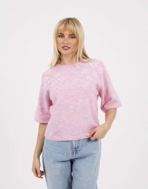 Brave Soul - Maglione a maniche corte rosa con ricamo floreale - view 1