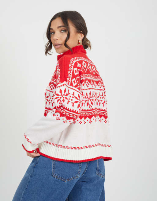 Brave Soul maglione a mezza zip con motivo Fair Isle rosso, 2 di 4