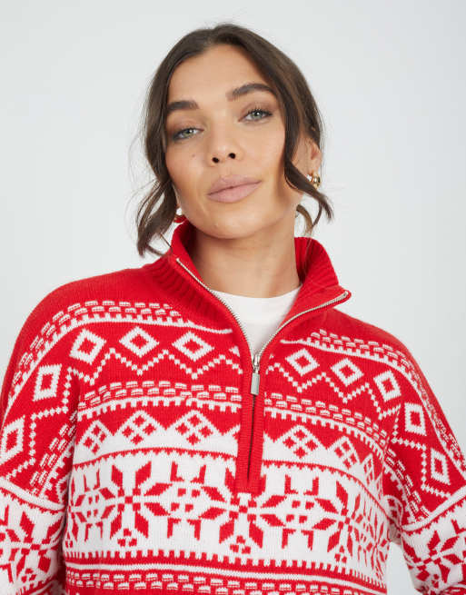 Brave Soul maglione a mezza zip con motivo Fair Isle rosso, 4 di 4