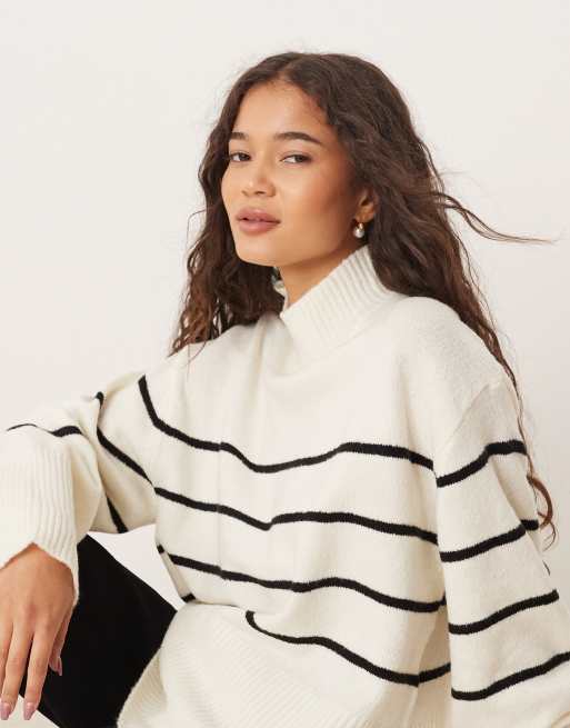 Brave Soul - Maglione accollato ampio a righe bianche e nere, 4 di 4