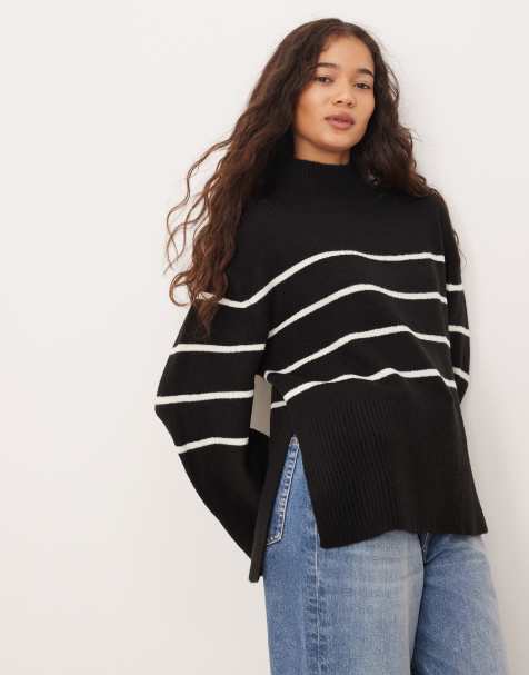 Brave Soul - Maglione accollato ampio bianco e nero a righe - view 1