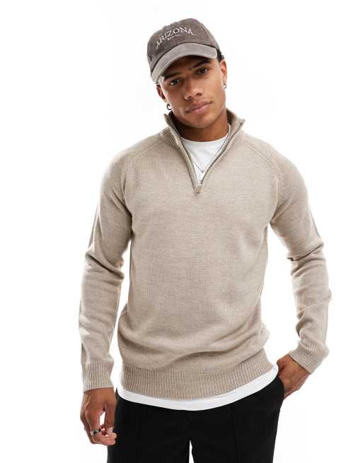 Brave Soul - Maglione beige chiaro di media pesantezza con zip corta