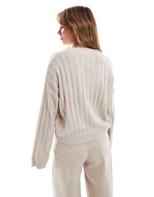 Brave Soul - Maglione color pietra a coste con scollo a V, 3 di 4
