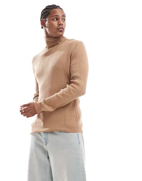 Brave Soul - Maglione con collo alto in cotone a coste color cuoio - view 1