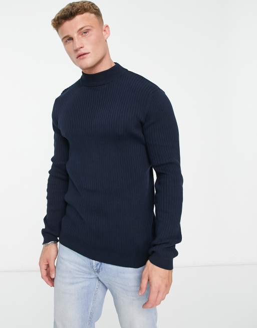 Brave Soul - Maglione con collo alto in cotone blu navy a coste