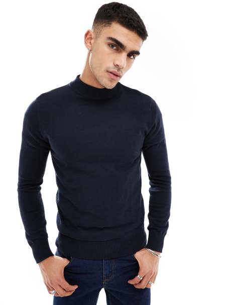 Brave Soul - Maglione con collo alto in cotone blu navy - view 1