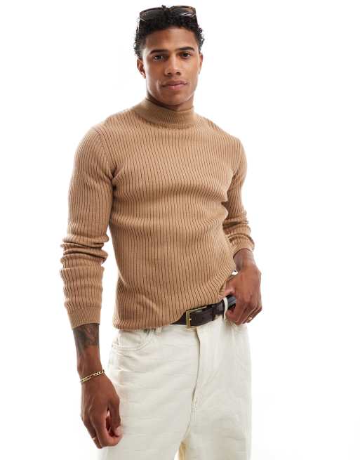 Brave Soul - Maglione con collo alto in cotone color cuoio a coste